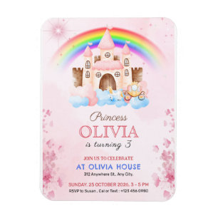 Rainbow Princess Castle Birthday Party Invitation Magnet