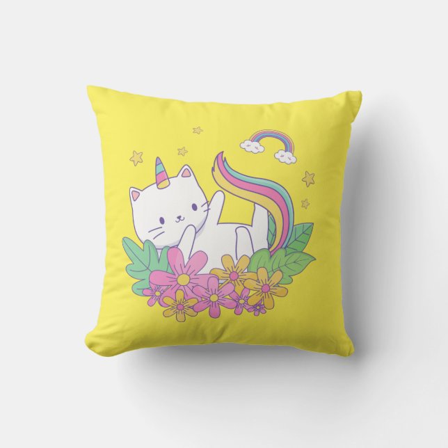 Rainbow Print Kitten Throw Pillow (Front)