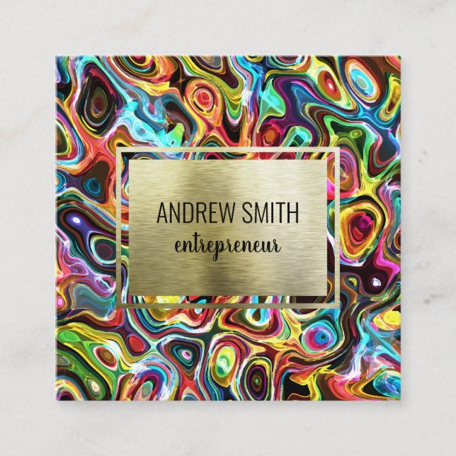 Rainbow Psychedelic Neon Abstract Wavy Art Square Business Card (Front)
