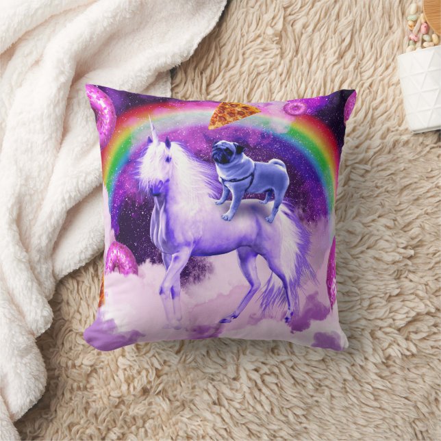Rainbow pug in space riding a unicorn              cushion (Blanket)