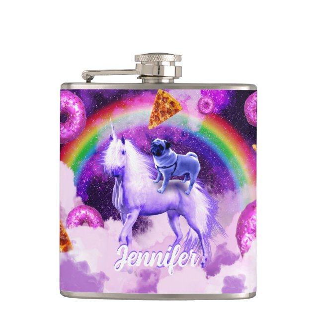Rainbow pug in space riding a unicorn              hip flask (Front)