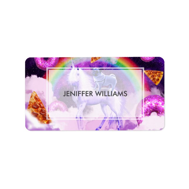 Rainbow pug in space riding a unicorn              label (Front)