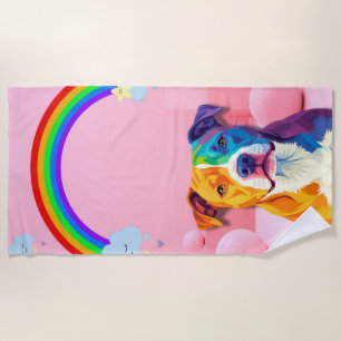 Rainbow Pup – Whimsical Dog Portrait with Pastel S Beach Towel