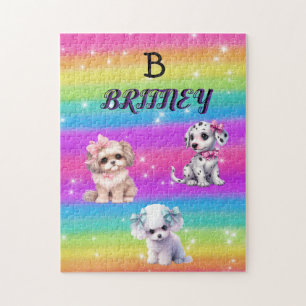 Rainbow puppies for girls with personalised name jigsaw puzzle