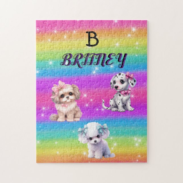 Rainbow puppies for girls with personalised name jigsaw puzzle (Vertical)