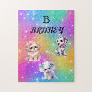 Rainbow puppies for girls with personalised name jigsaw puzzle