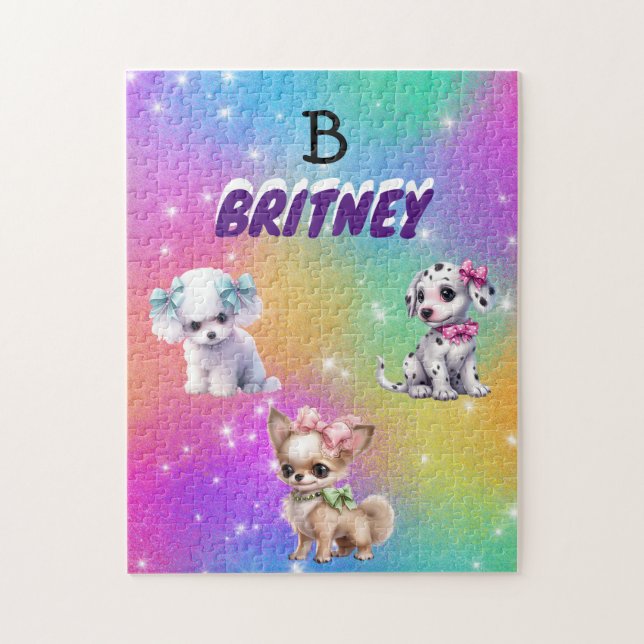 Rainbow puppies for girls with personalised name jigsaw puzzle (Vertical)