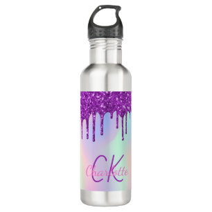 Rainbow purple glitter drips holographic monogram 710 ml water bottle