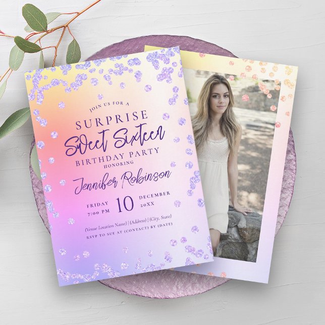 Rainbow Purple Glitter Photo SURPRISE Sweet 16   Invitation (Rainbow Purple Glitter Photo SURPRISE Sweet 16 Invitation)
