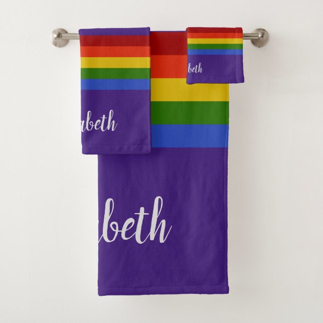 Rainbow Purple Horizontal Stripes | Personalise Bath Towel Set (Insitu)