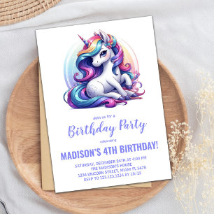 Rainbow Purple Unicorn Birthday Invitations