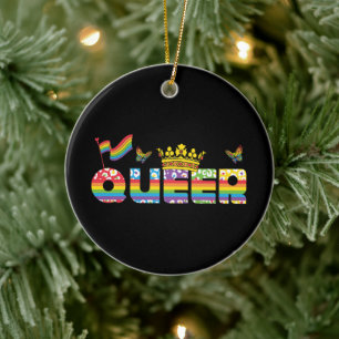 Rainbow Queer Crown with Flag and Butterflies Ceramic Ornament