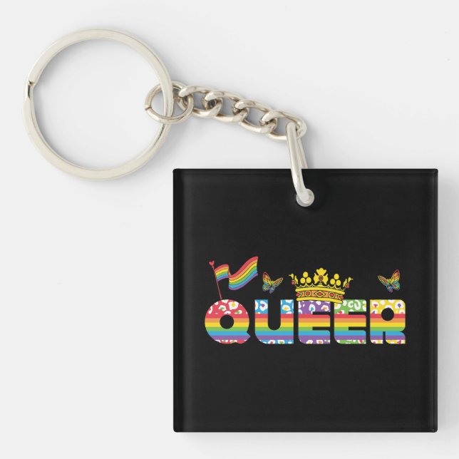 Rainbow Queer Crown with Flag and Butterflies Key Ring (Front)