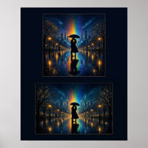 Rainbow Rain City Night Couple Under Umbrella Duo