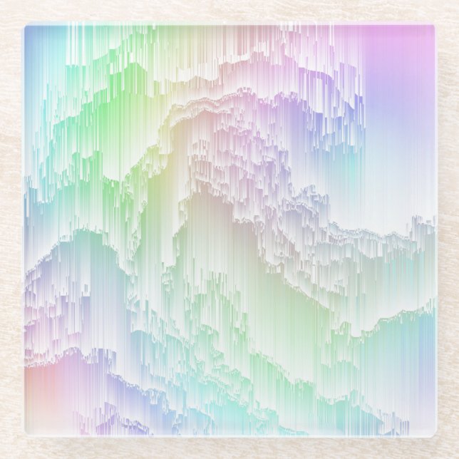 Rainbow Rain Glitch Glass Coaster (Front)