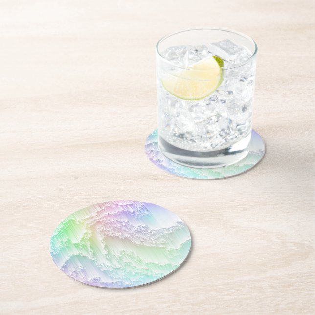 Rainbow Rain Glitch Round Paper Coaster (Insitu)