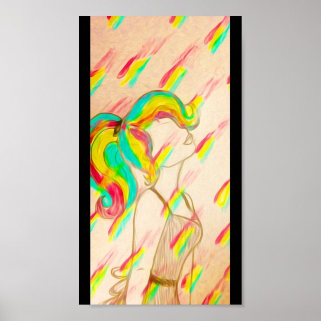Rainbow rain poster - warm rainbow neon colours (Front)