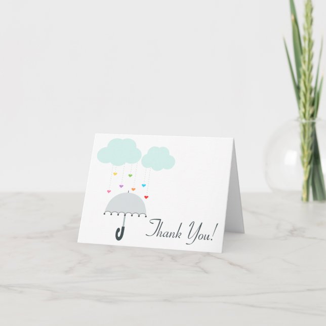 Rainbow Raindrops Gray Umbrella Shower Thank You Card (Front)