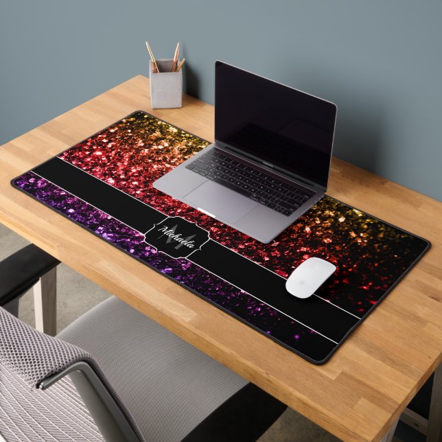 Rainbow red purple faux glitter sparkles Monogram Desk Mat (Office 2)