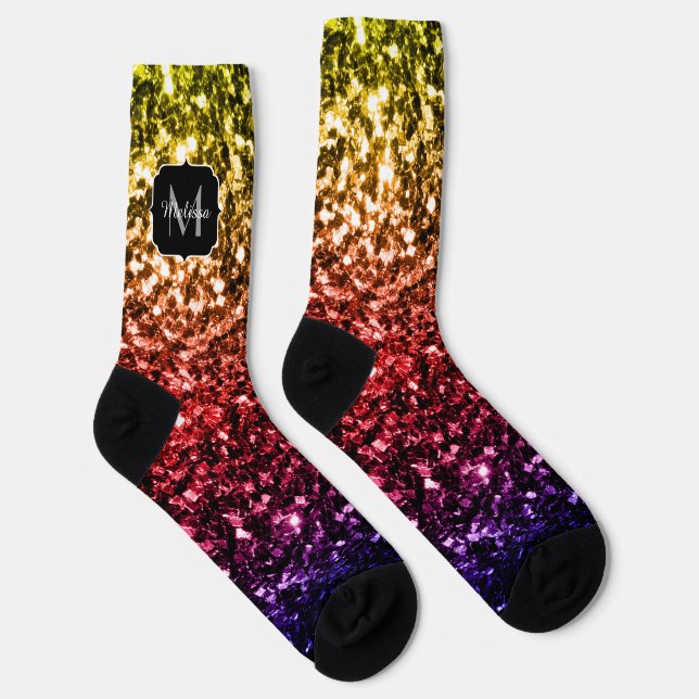 Rainbow red purple faux glitter sparkles Monogram Socks (Right)