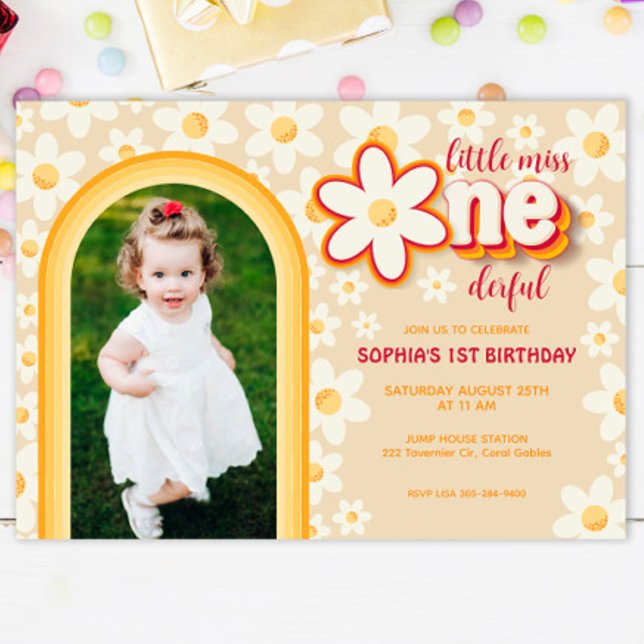 Rainbow Retro Daisy First Birthday Photo Invite (Creator Uploaded)