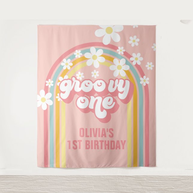 Rainbow Retro Groovy One 1st Birthday Tapestry (Front)