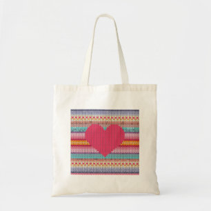 Rainbow retro hearts faux woolen knit valentine tote bag
