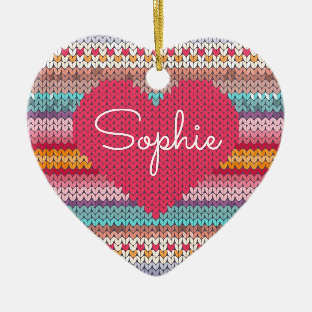 Rainbow retro hearts faux woollen knit name ceramic ornament (Front)