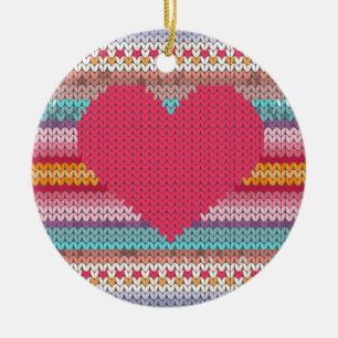 Rainbow retro hearts faux woollen knit valentine ceramic ornament