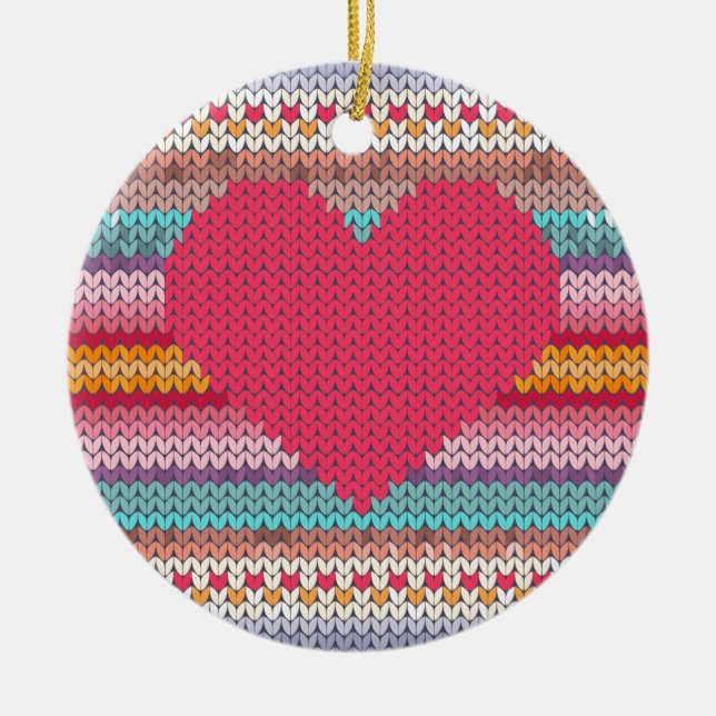 Rainbow retro hearts faux woollen knit valentine ceramic ornament (Front)