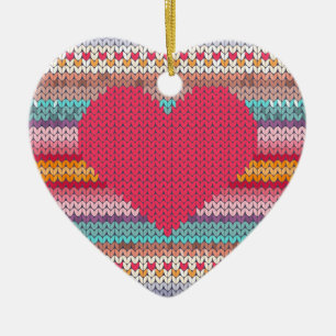 Rainbow retro hearts faux woollen knit valentine ceramic ornament