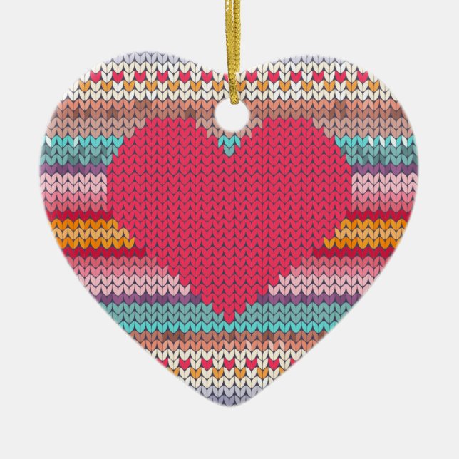 Rainbow retro hearts faux woollen knit valentine ceramic ornament (Front)