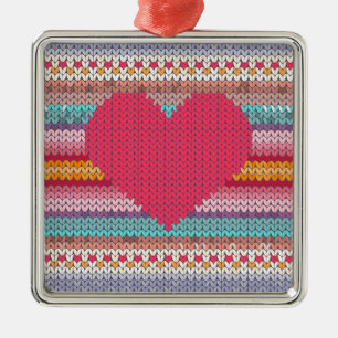 Rainbow retro hearts faux woollen knit valentine metal ornament