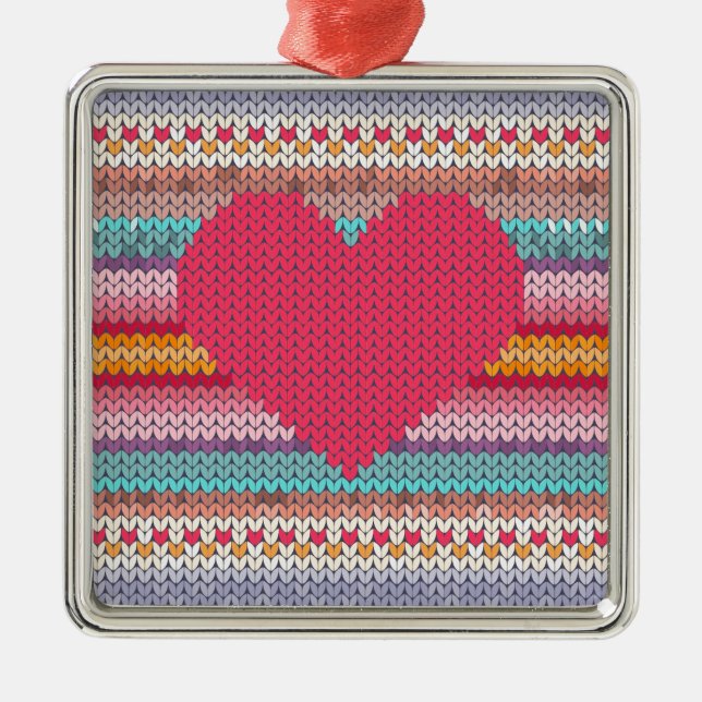 Rainbow retro hearts faux woollen knit valentine metal ornament (Front)