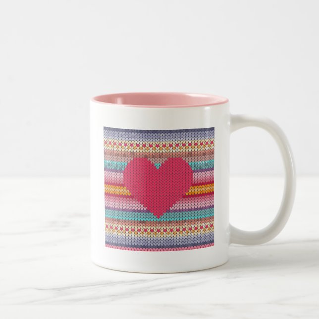 Rainbow retro hearts faux woollen knit valentine Two-Tone coffee mug (Right)
