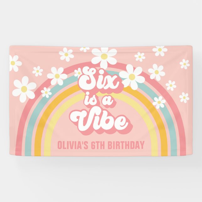 Rainbow Retro Six is a Vibe Groovy 6th Birthday Banner (Horizontal)