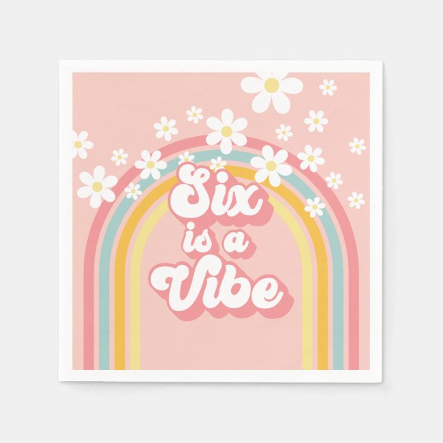 Rainbow Retro Six is a Vibe Groovy 6th Birthday Napkin (Front)