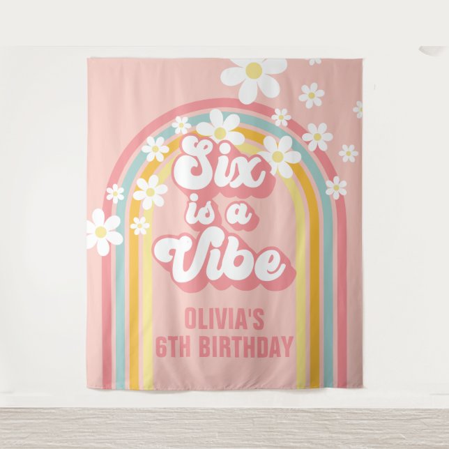 Rainbow Retro Six is a Vibe Groovy 6th Birthday Tapestry (Front)