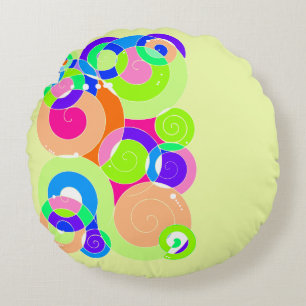 Rainbow Retro Spiral Art Abstraction Pastel Green Round Cushion