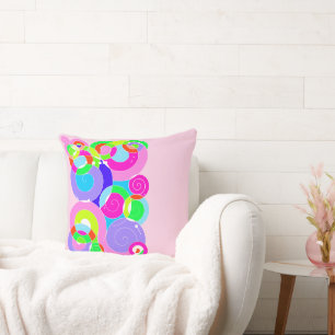 Rainbow Retro Spiral Art Abstraction Pink Cushion