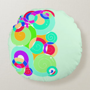 Rainbow Retro Spiral Art Abstraction Turquoise Round Cushion