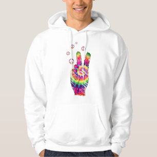 Rainbow Retro Tie Dye Psychedelic Peace Sign Hand  Hoodie