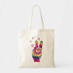 Rainbow Retro Tie Dye Psychedelic Peace Sign Hand Tote Bag