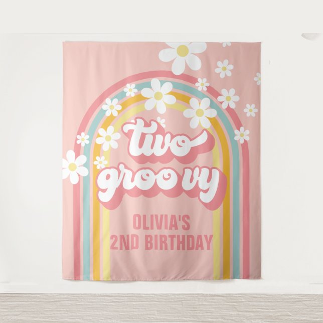 Rainbow Retro Two Groovy 2nd Birthday Tapestry (Front)
