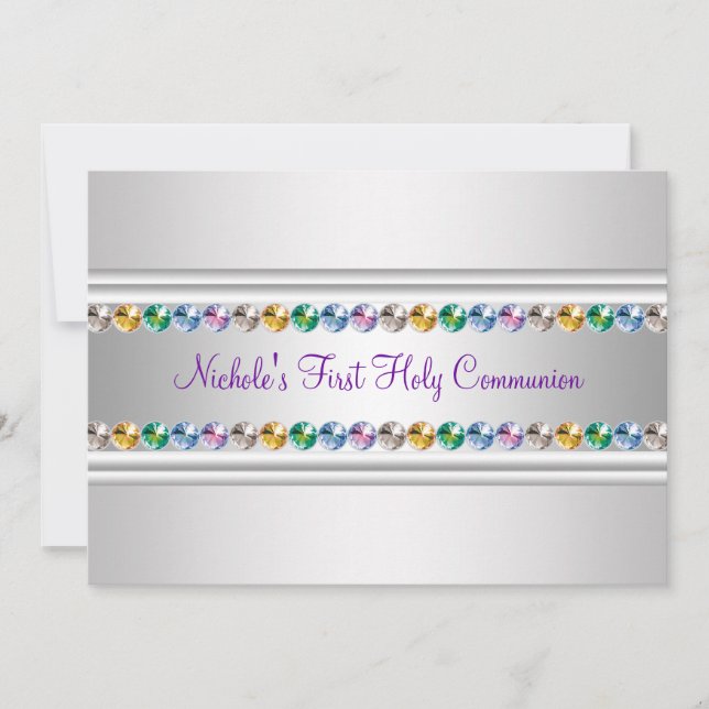 Rainbow Rhinestones Purple White Girl First Commun Invitation (Front)