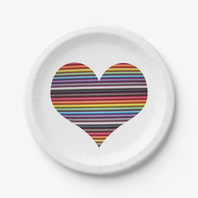 Rainbow Ribbon Cable Heart on White Paper Plates (Front)