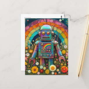 Rainbow Robot in a Flower Meadow Postcard