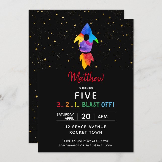 Rainbow Rocket Ship Outer Space Birthday Party Invitation (Front/Back)
