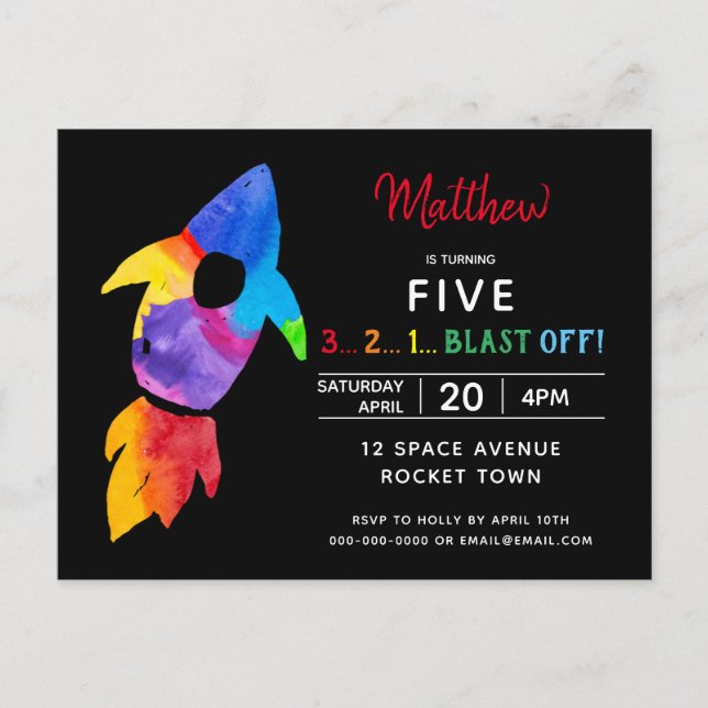 Rainbow Rocket Ship Outer Space Birthday Party Invitation Postcard (Front)