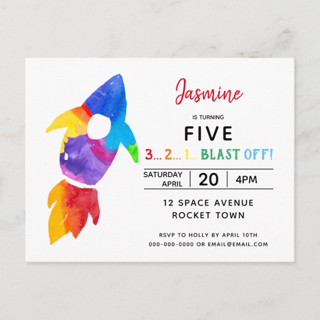 Rainbow Rocket Ship Outer Space Birthday Party Invitation Postcard (Front)